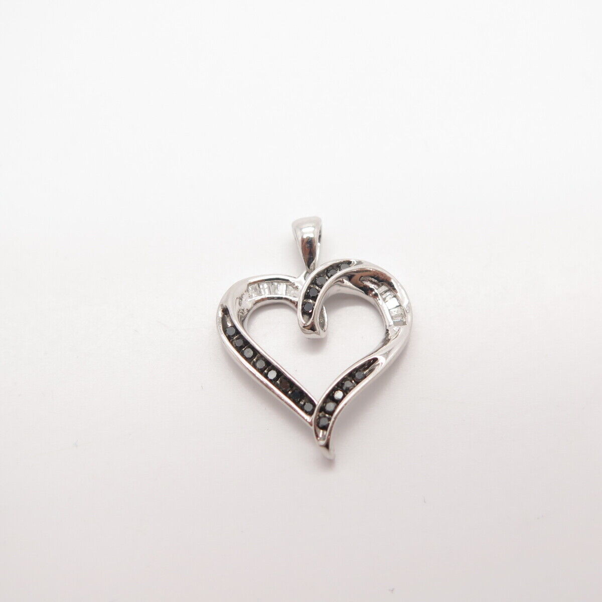 925 Sterling Silver SUN Real White & Black Diamond Open Heart Pendant