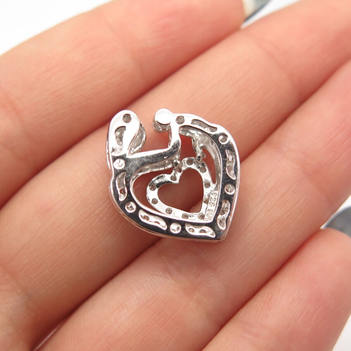 925 Sterling Silver SUN Real White Diamond Mom & Baby Open Double Heart Pendant