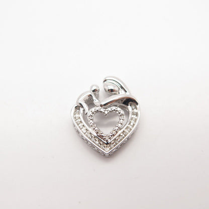 925 Sterling Silver SUN Real White Diamond Mom & Baby Open Double Heart Pendant