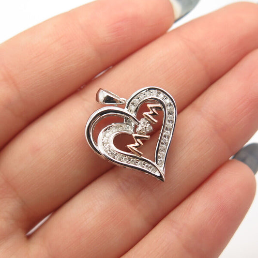 925 Sterling Silver / 14K Gold SUN Real White Diamond "Mom" Open Heart Pendant