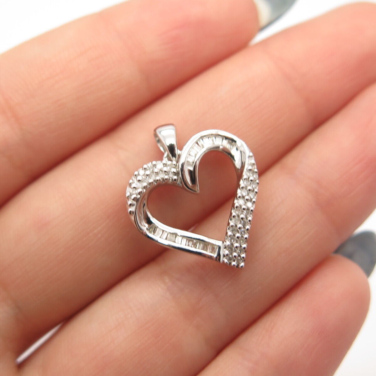 925 Sterling Silver SUN Real White Diamond Paved Open Heart Charm Pendant