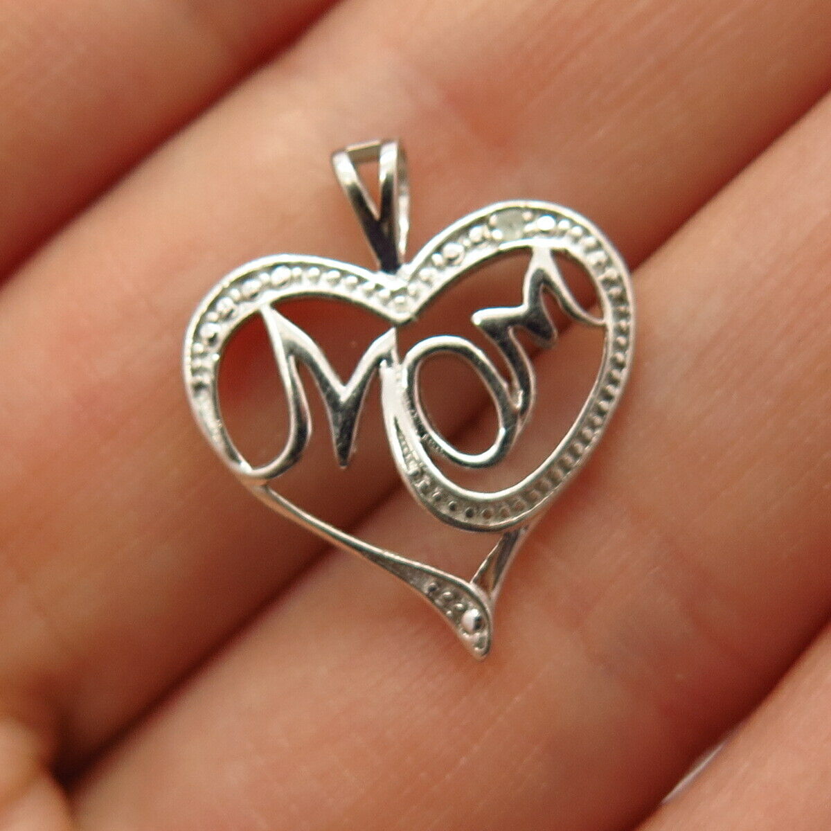 925 Sterling Silver Real Diamond Accent "Mom" Heart Design Pendant