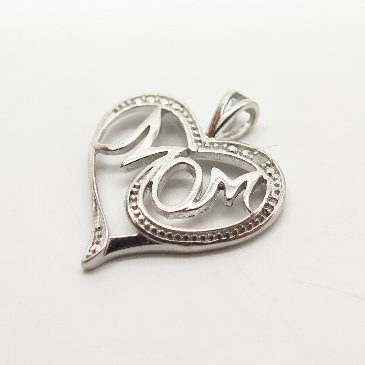 925 Sterling Silver Real Diamond Accent "Mom" Heart Design Pendant