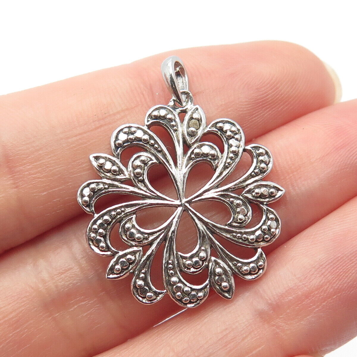 925 Sterling Silver Vintage Real White Diamond Accent Ornate Pendant