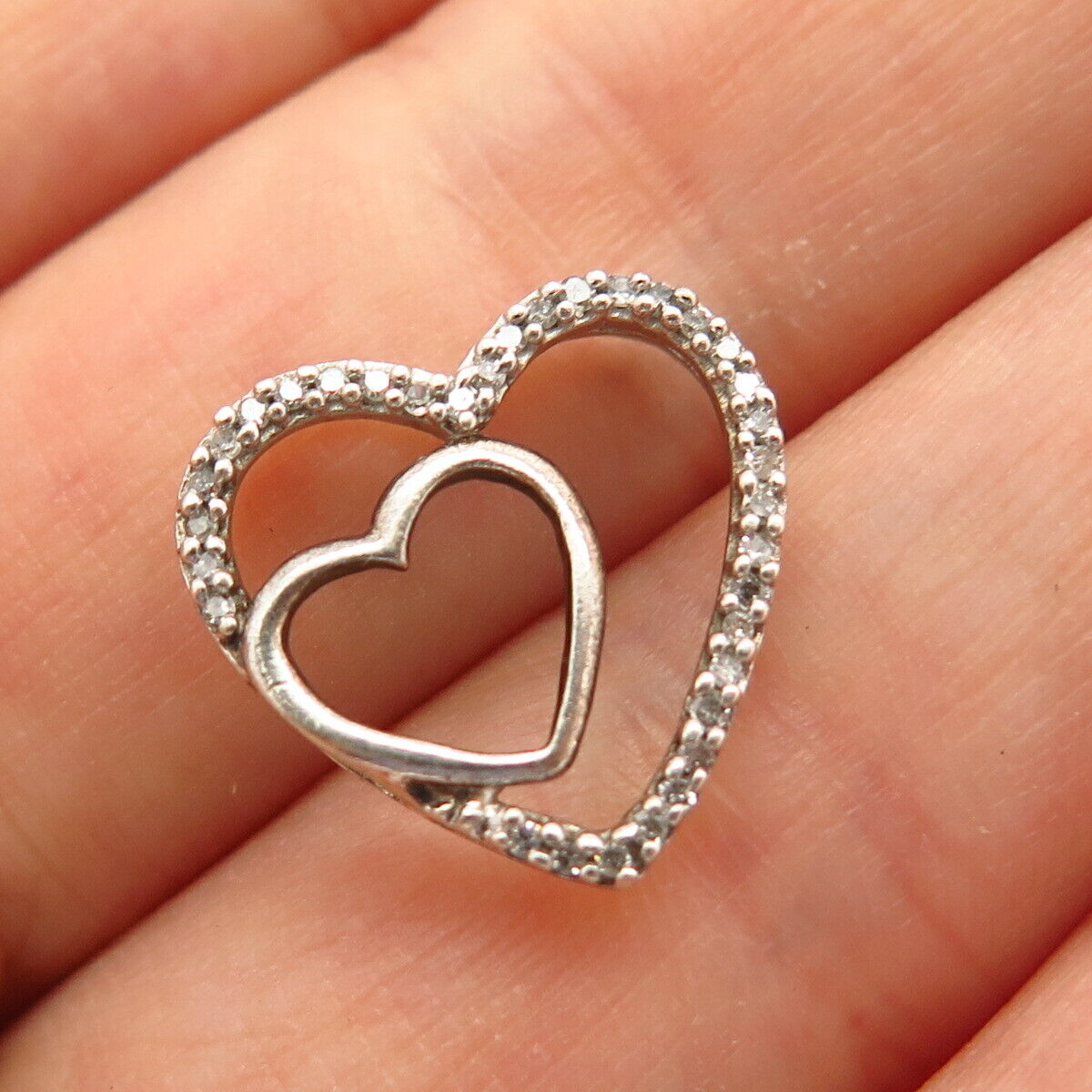 925 Sterling Silver Real Diamond Double Heart Design Slide Pendant