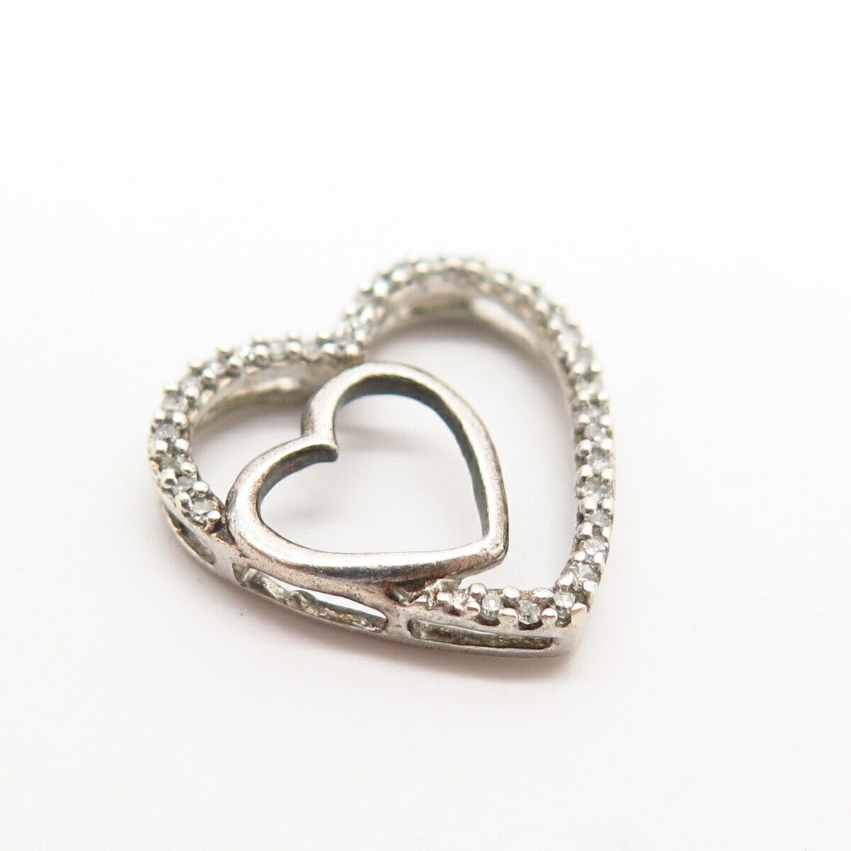 925 Sterling Silver Real Diamond Double Heart Design Slide Pendant