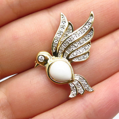 925 Sterling Silver Gold Plated Real Diamond & White Onyx Gem Bird Slide Pendant