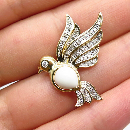 925 Sterling Silver Gold Plated Real Diamond & White Onyx Gem Bird Slide Pendant