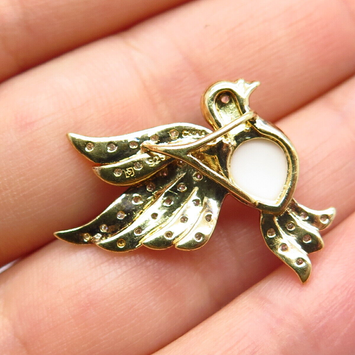 925 Sterling Silver Gold Plated Real Diamond & White Onyx Gem Bird Slide Pendant