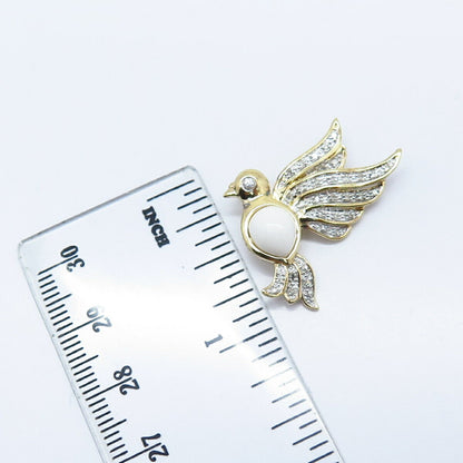 925 Sterling Silver Gold Plated Real Diamond & White Onyx Gem Bird Slide Pendant