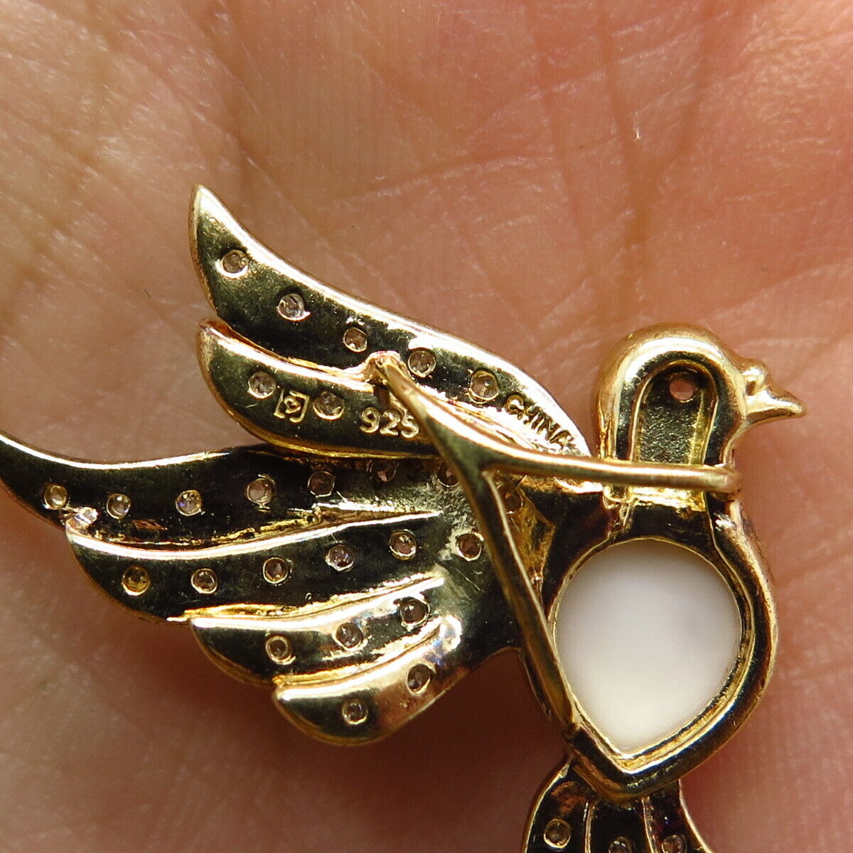 925 Sterling Silver Gold Plated Real Diamond & White Onyx Gem Bird Slide Pendant