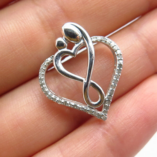 925 Sterling Silver Real White Diamond Mom & Baby Open Heart Charm Pendant