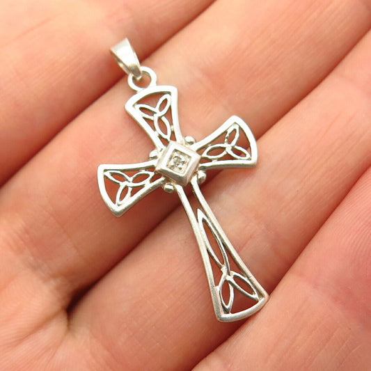 925 Sterling Silver Real Diamond Accent Cutout Cross Pendant