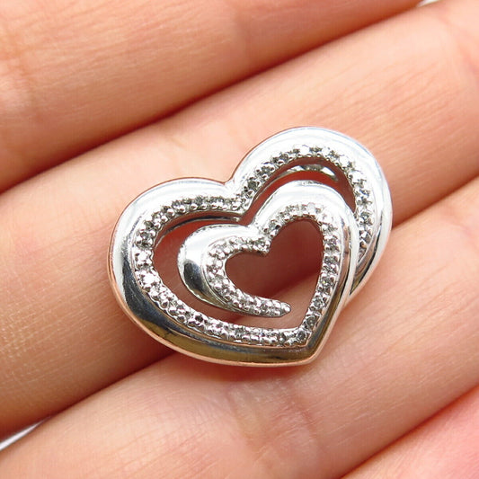 925 Sterling Silver Real White Diamond Double Heart Slide Pendant