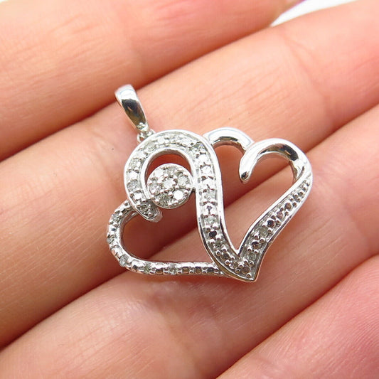 925 Sterling Silver Real White Diamond Double Heart Pendant