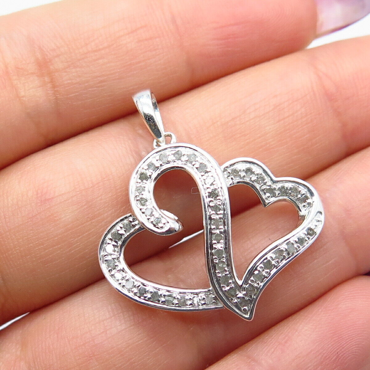 925 Sterling Silver Real White Diamond Couple of Heart Pendant