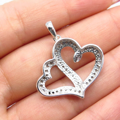 925 Sterling Silver Real White Diamond Couple of Heart Pendant