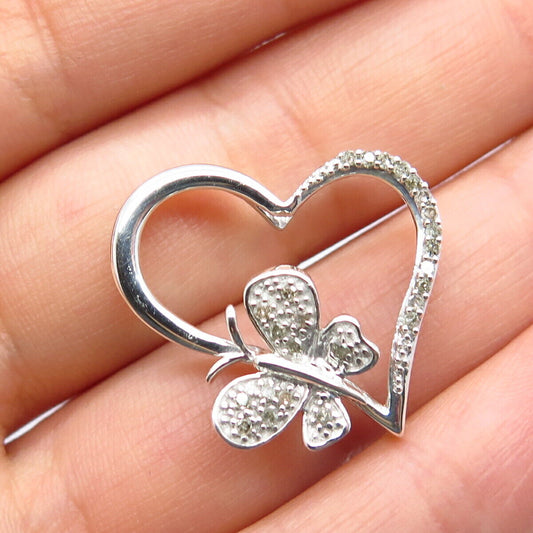 925 Sterling Silver Real White Diamond Heart & Butterfly Slide Pendant