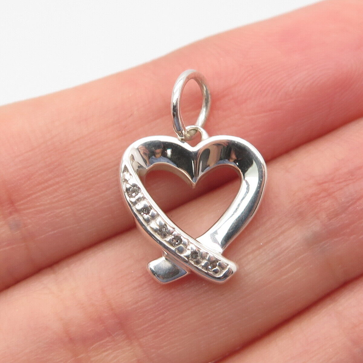 925 Sterling Silver Real Diamond Accent Open Heart Minimalist Pendant