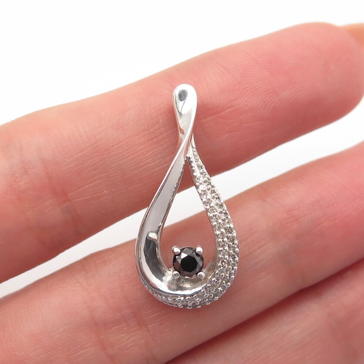 925 Sterling Silver SUN Real Black & White Diamond Teardrop Slide Pendant