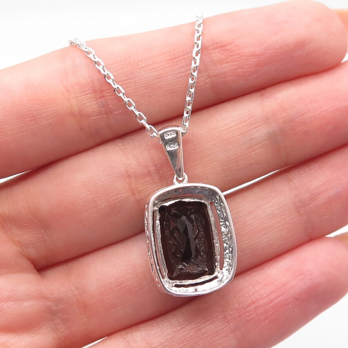 925 Sterling Silver Real Diamond Accent & Smoky Quartz Rolo Chain Necklace 18"