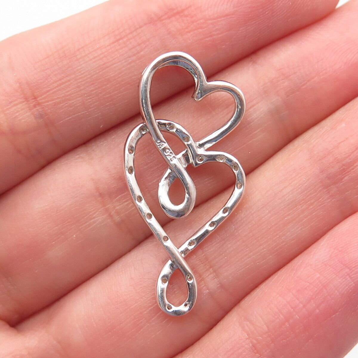 925 Sterling Silver Real Diamond Accent Infinity Double Heart Slide Pendant
