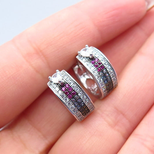 925 Sterling Silver Multi-Color C Z Hoop Earrings