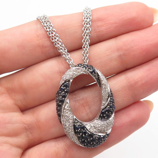 925 Sterling Silver Real White Diamond & Sapphire Gem Rolo Chain Necklace 14"