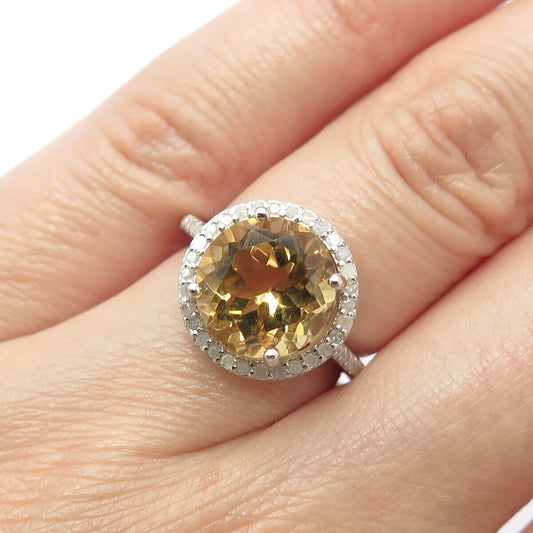 925 Sterling Silver Real White Diamond & Citrine Gem Round Ring Size 5