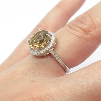 925 Sterling Silver Real White Diamond & Citrine Gem Round Ring Size 5