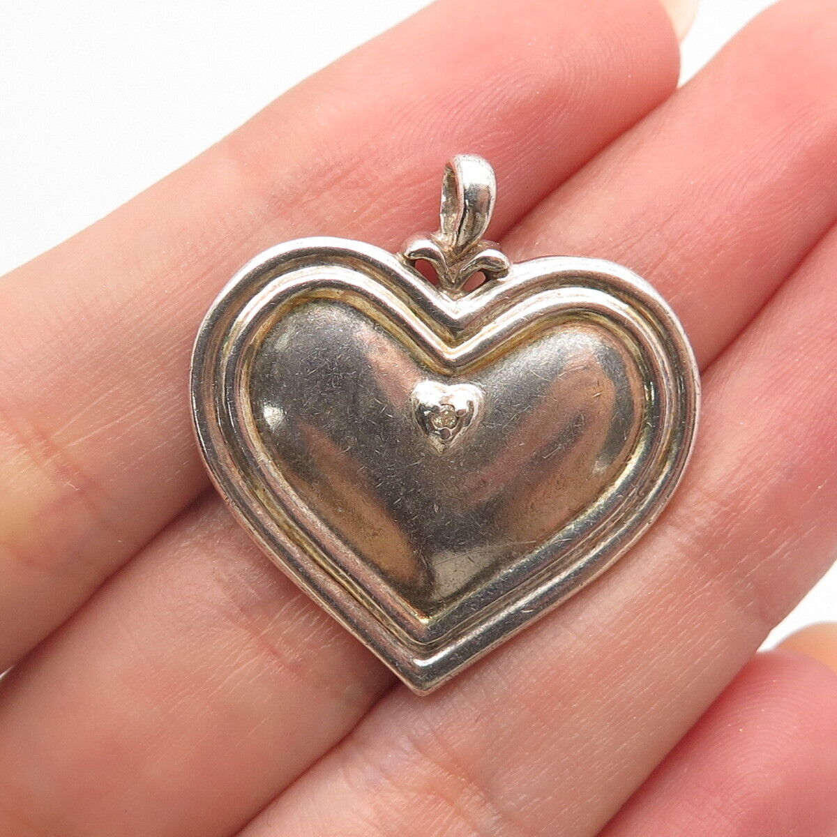 925 Sterling Silver Vintage Real White Diamond Heart Pendant