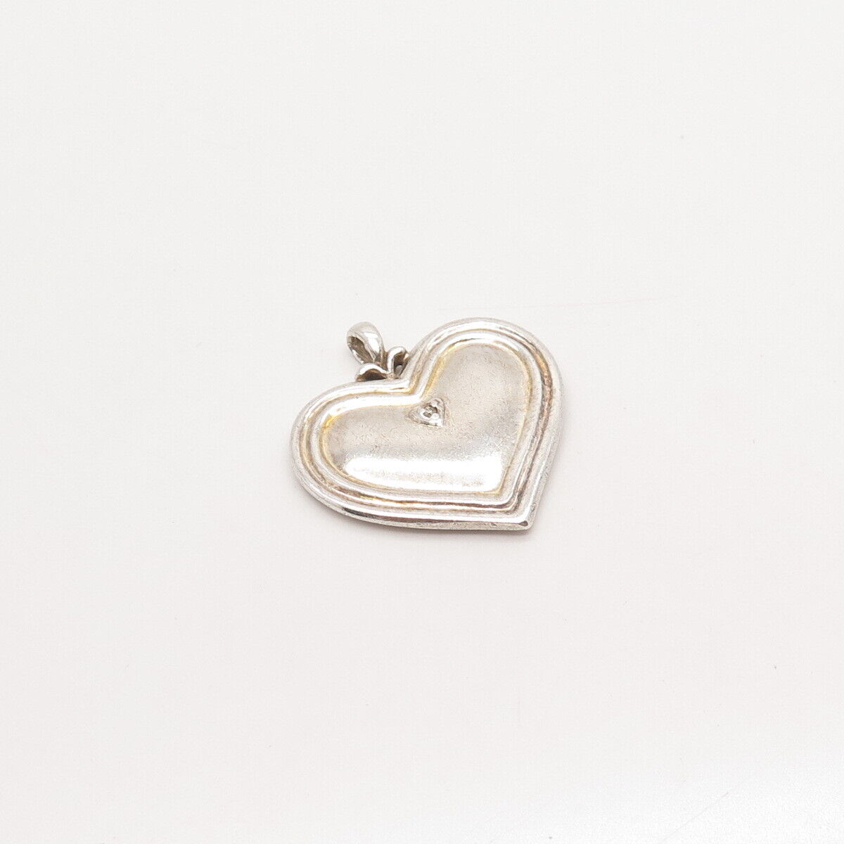 925 Sterling Silver Vintage Real White Diamond Heart Pendant