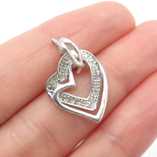 925 Sterling Silver Real White Diamond Double Heart Pendant