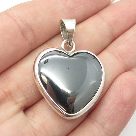 925 Sterling Silver Vintage AIS Mexico Real Hematite Gem Heart Pendant