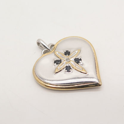 925 Sterling Silver 2-Tone Vintage Real Diamond Accent & Sapphire Heart Pendant