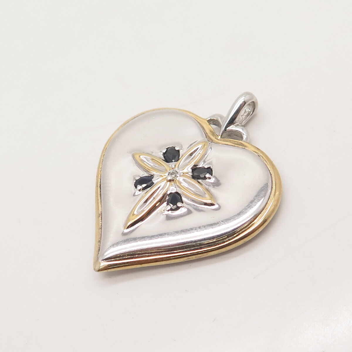 925 Sterling Silver 2-Tone Vintage Real Diamond Accent & Sapphire Heart Pendant