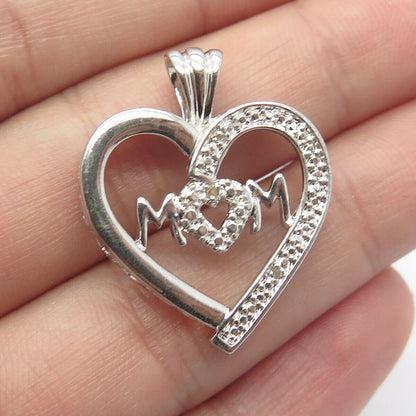 925 Sterling Silver Real White Diamond "MOM" Open Heart Pendant