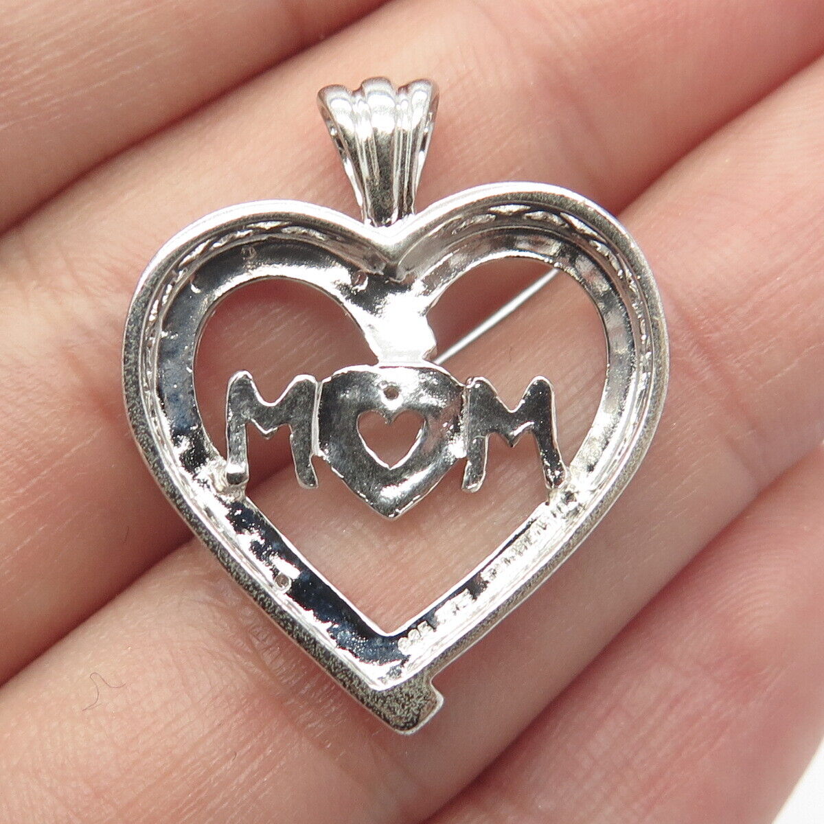 925 Sterling Silver Real White Diamond "MOM" Open Heart Pendant