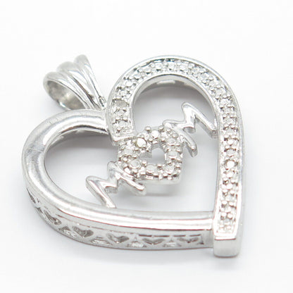 925 Sterling Silver Real White Diamond "MOM" Open Heart Pendant