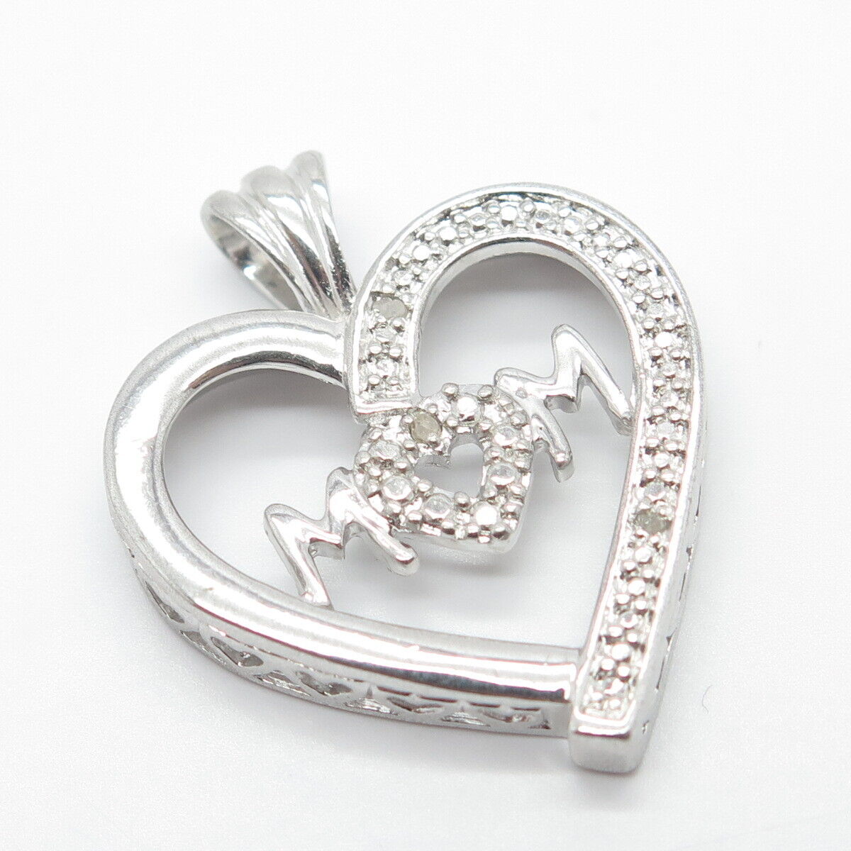 925 Sterling Silver Real White Diamond "MOM" Open Heart Pendant