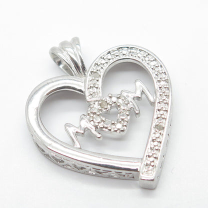 925 Sterling Silver Real White Diamond "MOM" Open Heart Pendant