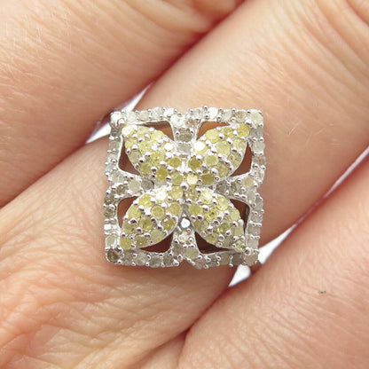 925 Sterling Silver Real Yellow & White Diamond Ring Size 6