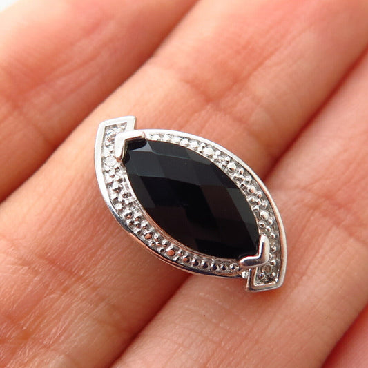 925 Sterling Silver Real Diamond Accent & Checkered Black Onyx Gem Slide Pendant