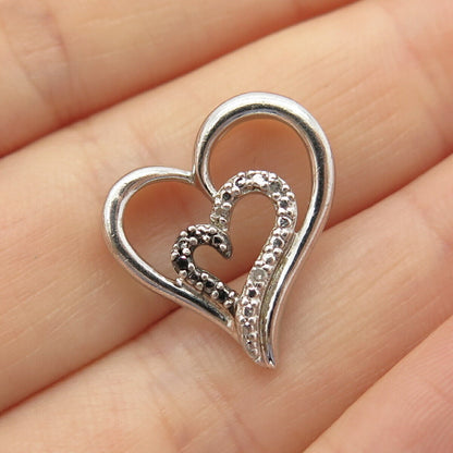 925 Sterling Silver Real Diamond Double Open Heart Slide Pendant