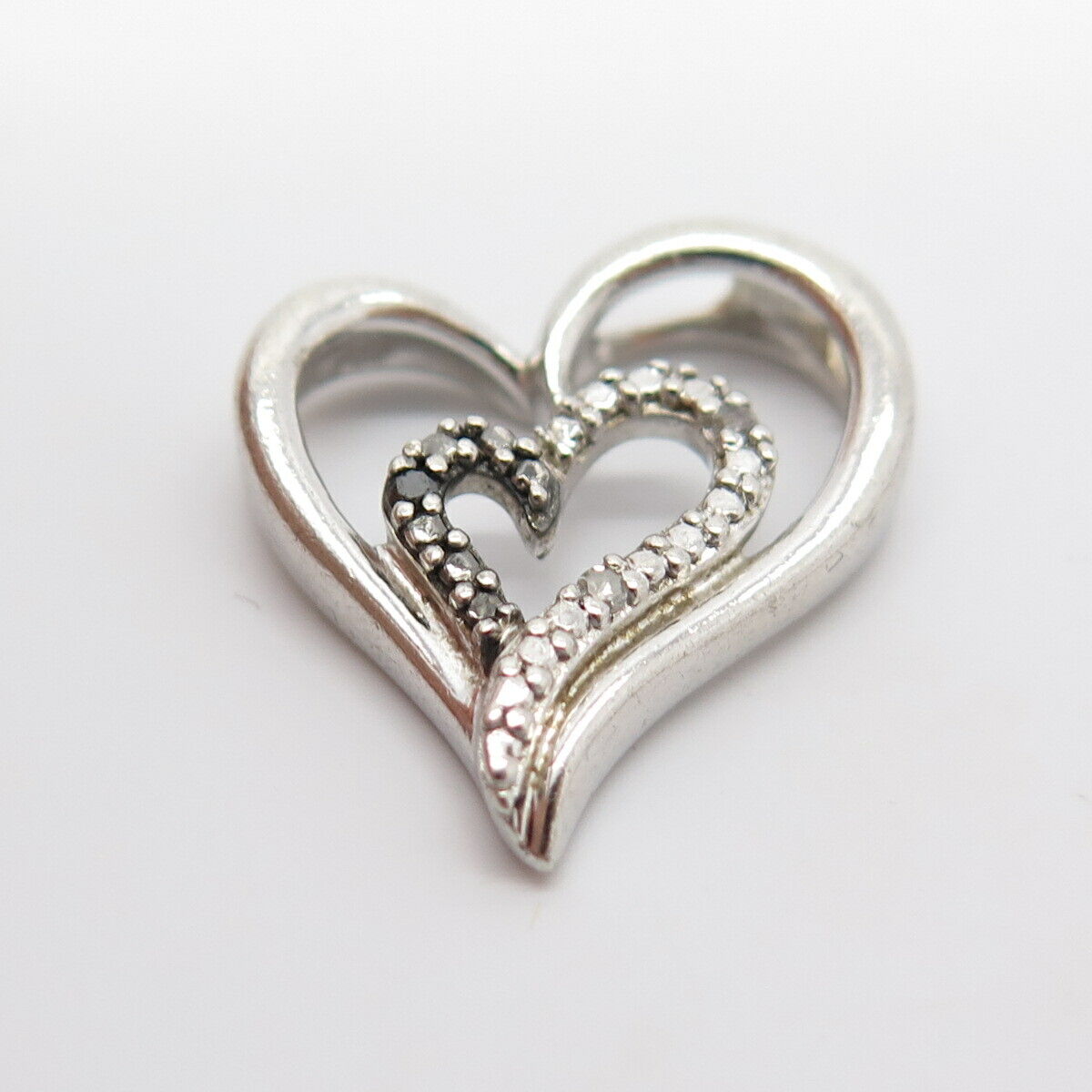 925 Sterling Silver Real Diamond Double Open Heart Slide Pendant