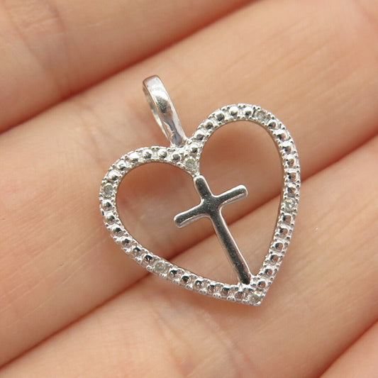 925 Sterling Silver Real Diamond Heart & Cross Pendant