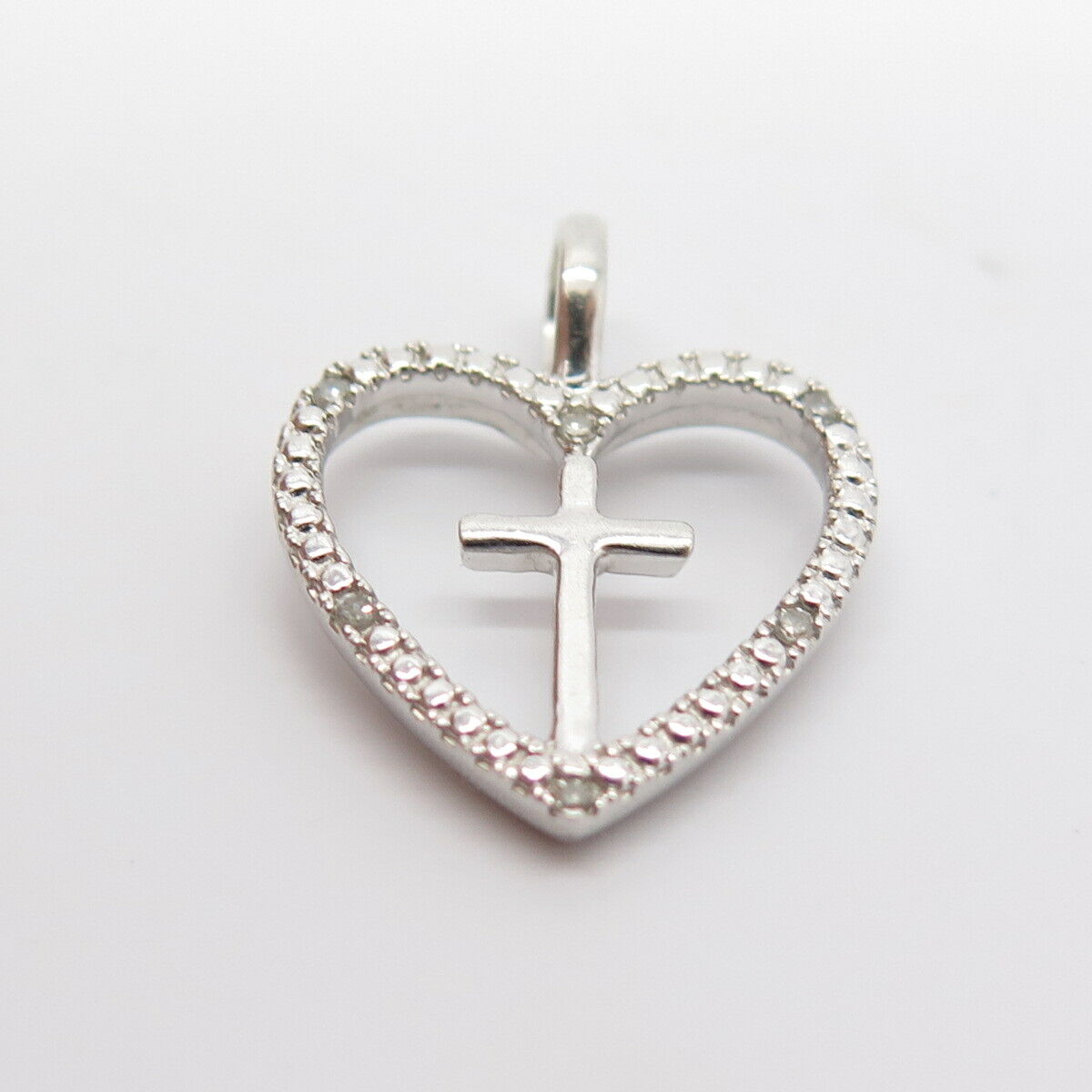 925 Sterling Silver Real Diamond Heart & Cross Pendant