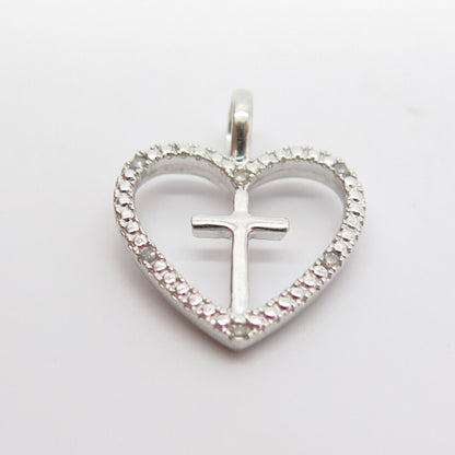 925 Sterling Silver Real Diamond Heart & Cross Pendant