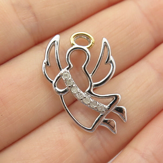 925 Sterling Silver 2-Tone Real Diamond Angel Slide Pendant