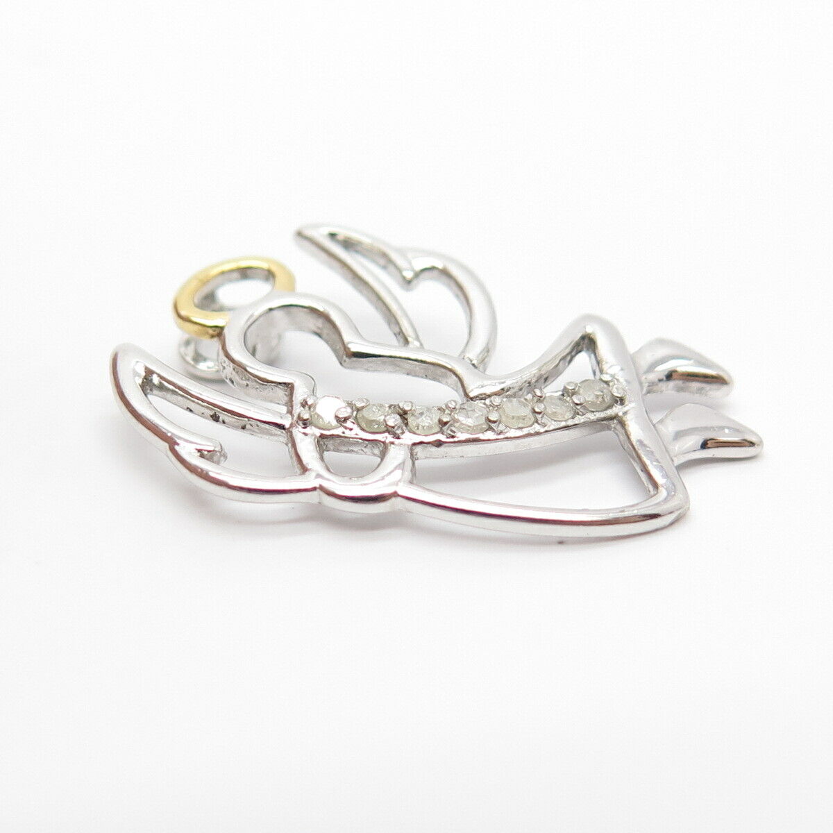 925 Sterling Silver 2-Tone Real Diamond Angel Slide Pendant